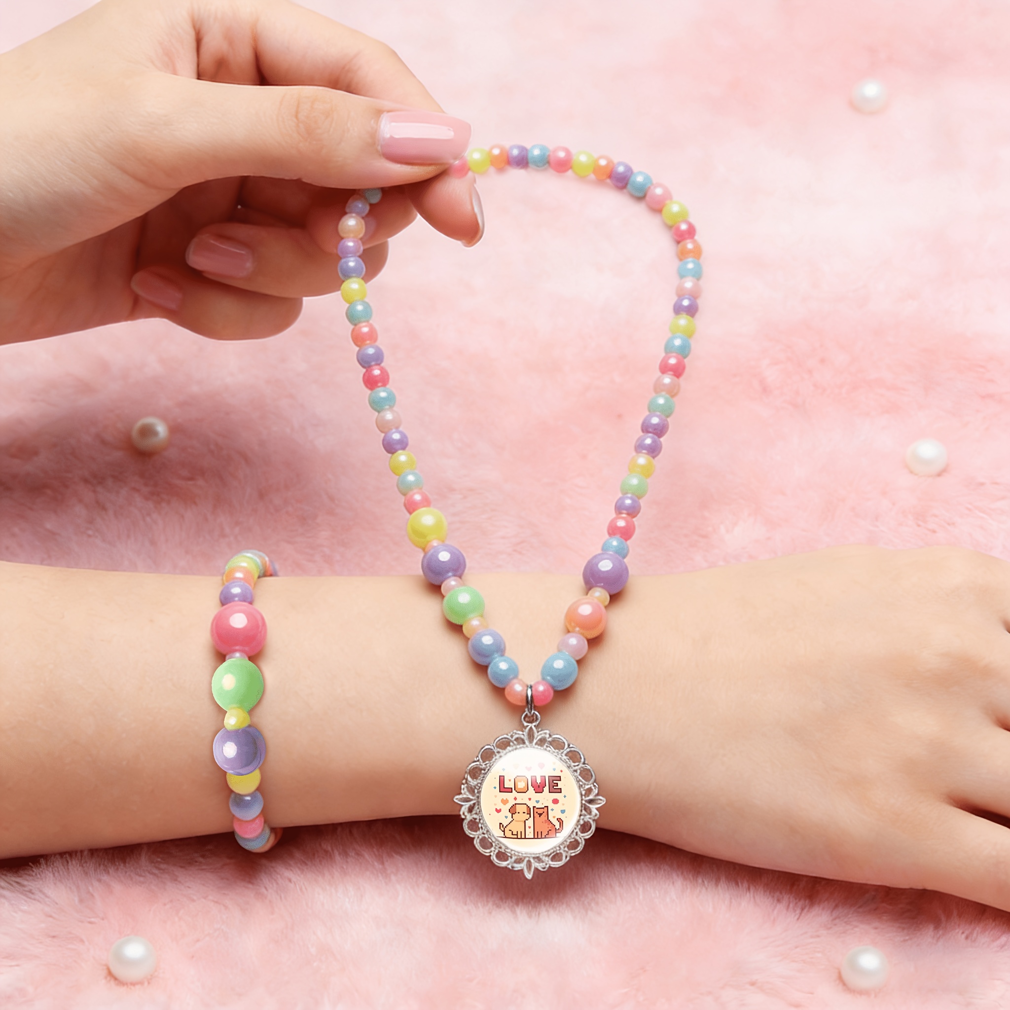 Women's 2pc Random Color Necklace & Bracelet Jewelry Set, Cute Collection